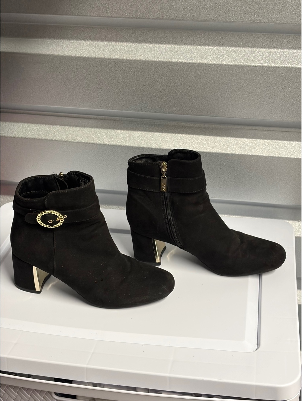 Jones New York Black Suede Ankle Boots with Gold Buckle Detail